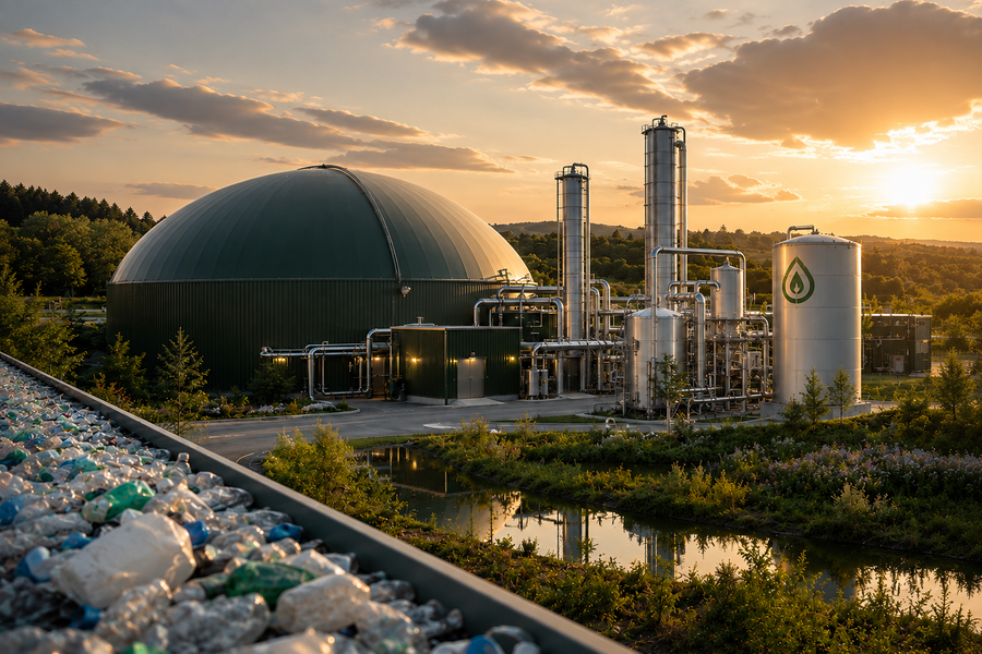 Sunset over a biogas plant with a green dome, silver tanks, and a leaf-drop logo, beside a stream and a pile of mixed plastic waste.