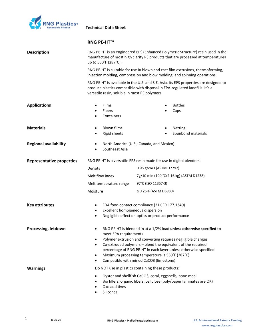 RNG PE-HT Resin Technical Data Sheet preview