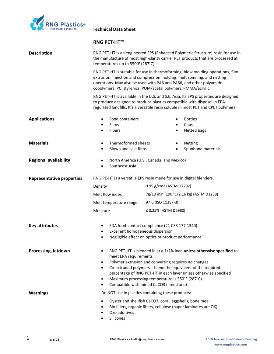 RNG PET-HT™ Technical Data Sheet for High-Clarity PET Resin preview