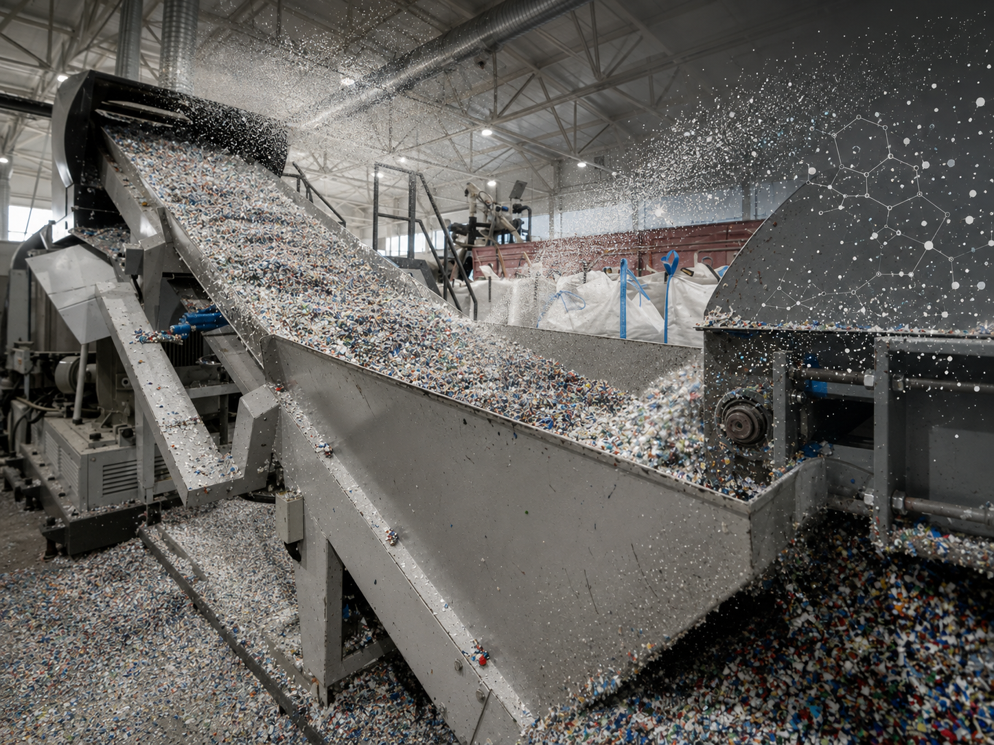 Industrial conveyor carrying mixed plastic flakes toward a hopper, with more flakes on the factory floor and bulk bags in the background.